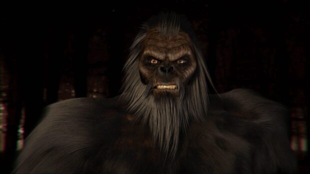 A fierce Bigfoot creature with detailed fur and intense eyes standing in a dark forest background
