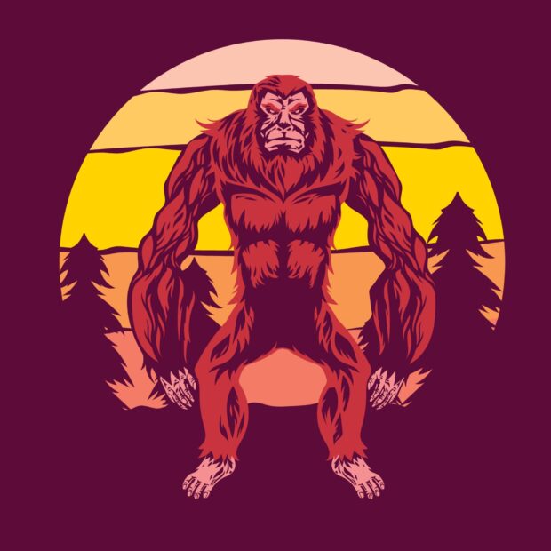 A red Bigfoot standing in front of a sunset with forest trees in the background