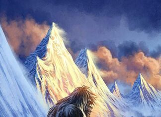 Bigfoot standing alone on a snowy mountain slope with glowing peaks in the background