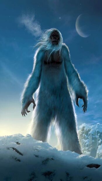 A bigfoot creature with long white fur standing on snowy ground under a night sky with a crescent moon