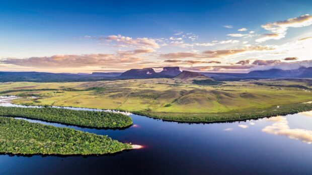 Stunning Canaima landscape with rivers and mountains under a bright sky