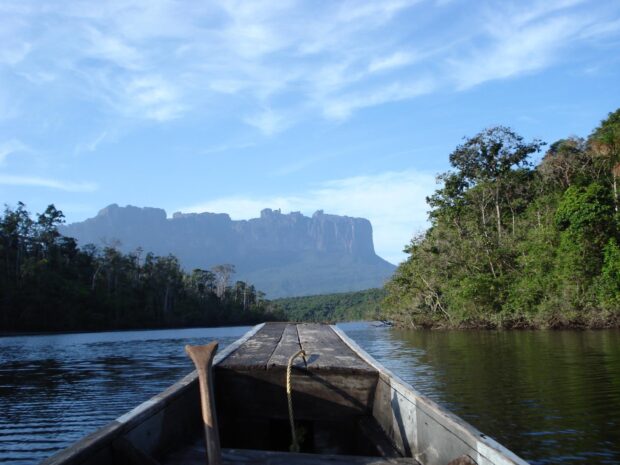 View of Canaima National Park river and forest with towering plateau in the distance