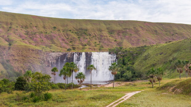 Waterfall in Canaima National Park surrounded by green hills and palm trees