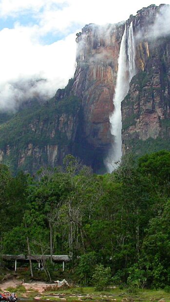 Canaima National Park lush forest and towering waterfall surrounded by mist