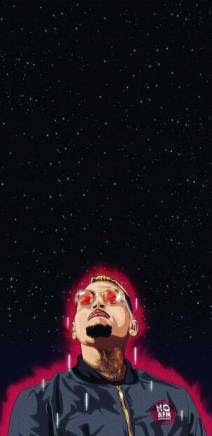 Chris Brown illustration wearing sunglasses and a jacket looking up at the starry night sky