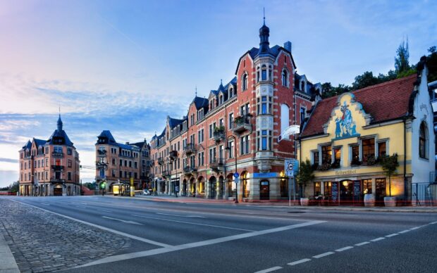 Historic city square with detailed architecture and vibrant city square buildings in HD quality