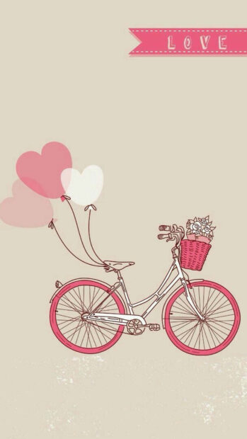 A cute Valentine bicycle with heart shaped balloons and flowers in a basket