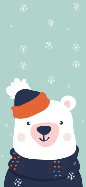 Cute winter bear wearing a warm hat and scarf with snowflakes design