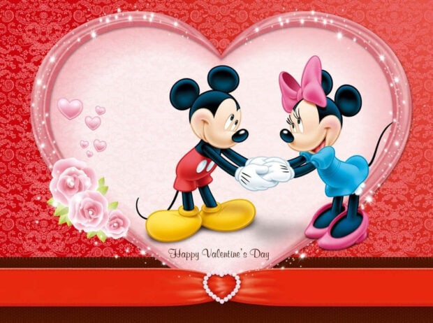 Mickey and Minnie holding hands in a Disney Valentine scene with hearts and roses