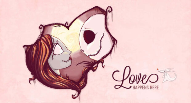 Jack and Sally from Disney Valentine love illustration with text love happens here