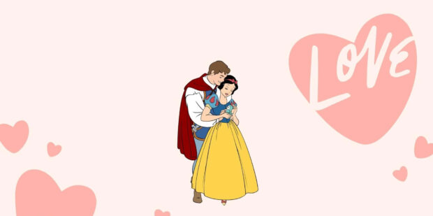 Snow White and Prince embracing with love and hearts surrounding in a Disney Valentine setting