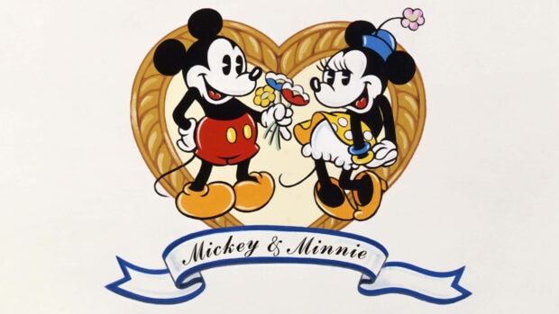 Mickey and Minnie sharing flowers in a Disney Valentine illustration with a heart background