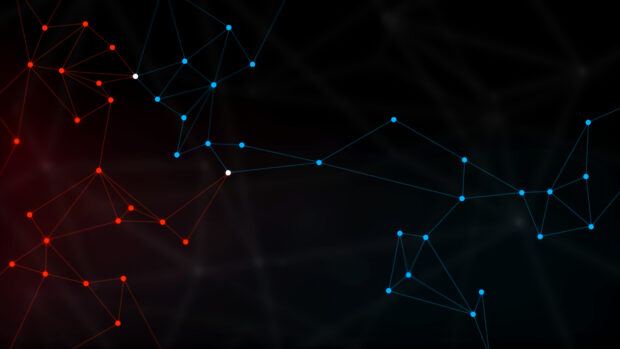 Blue and red dots connected by lines forming abstract network structures on a dark background
