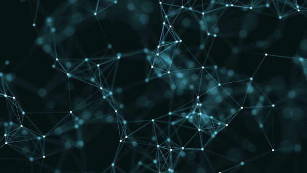 A network of connected dots forming an abstract digital mesh with a dark background