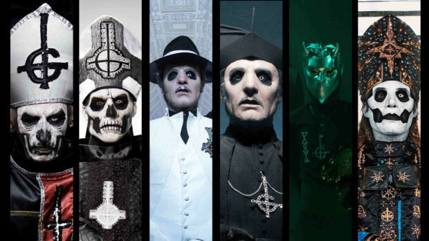 Different Ghost Band members wearing distinctive ceremonial costumes and face paint with haunting expressions