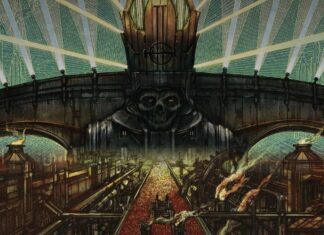 Dark castle with giant skull and light beams representing ghost band