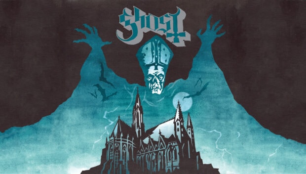 Ghost figure looming over a gothic cathedral with bats flying at night