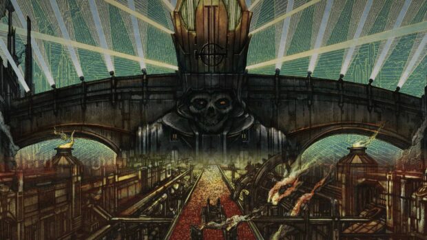 Dark castle with giant skull and light beams representing ghost band