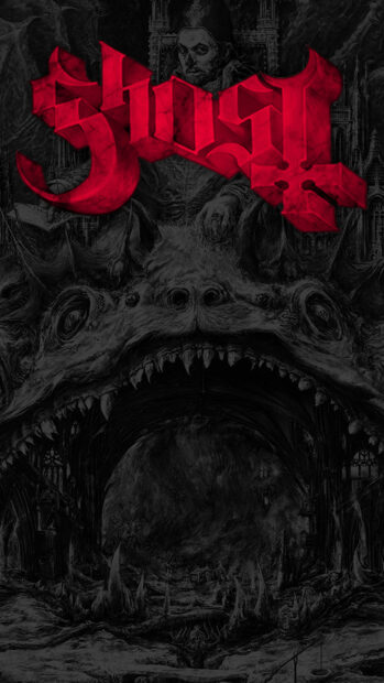 Dark intricate gothic art featuring ghost band logo and surreal creature mouth entrance