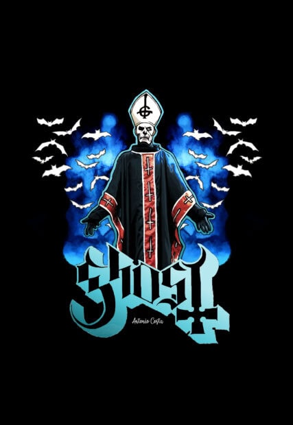 Skeleton figure in ceremonial robes surrounded by flying bats and blue mist with Ghost Band logo
