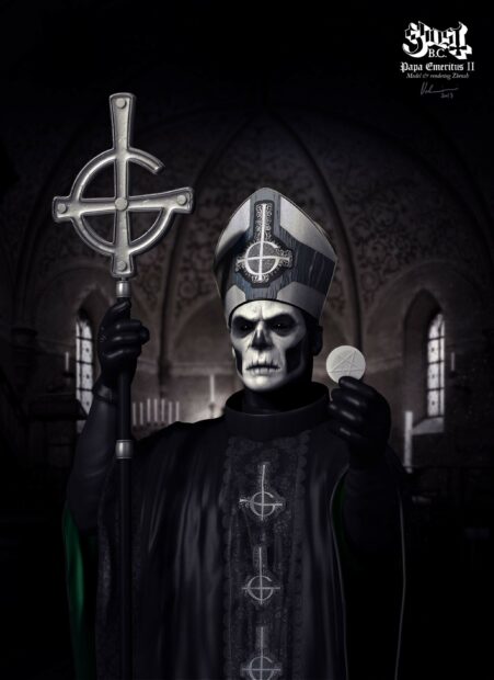 A ghost band figure dressed in ceremonial robes holding a staff and a mystical coin in a dark church setting