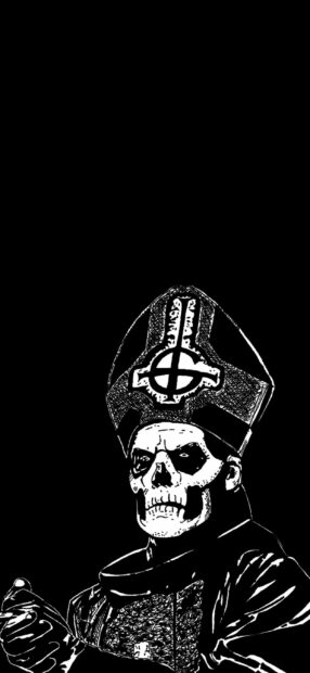 Skull face character of Ghost Band wearing pope style hat and dark cloak