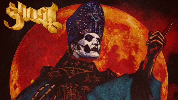 Artistic illustration of Ghost band member with face paint and ornate costume