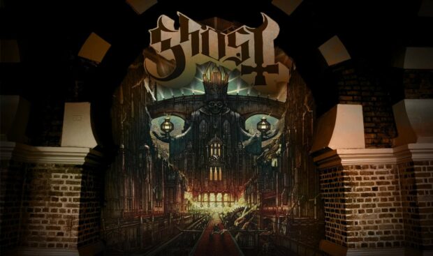 Dark surreal artwork featuring ghost band logo above a gothic cathedral interior
