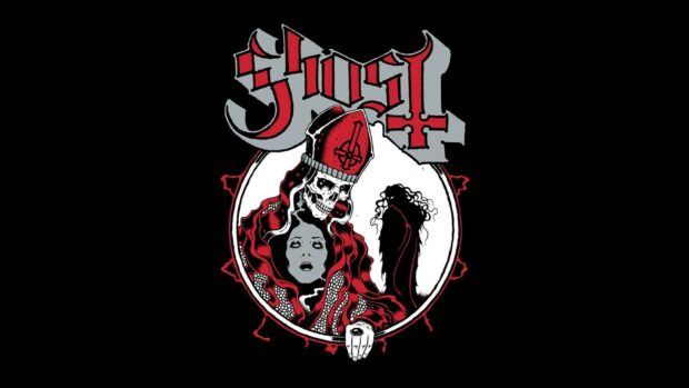 Ghost band logo with a skeleton figure wearing a red robe and hat on black background
