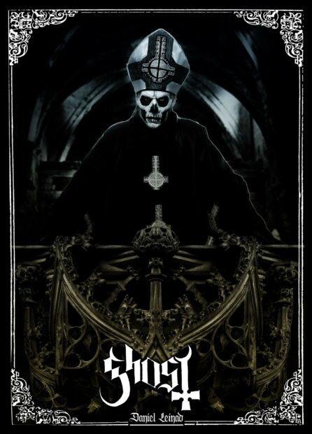 A masked figure representing ghost band stands behind an ornate gothic railing in a dark setting
