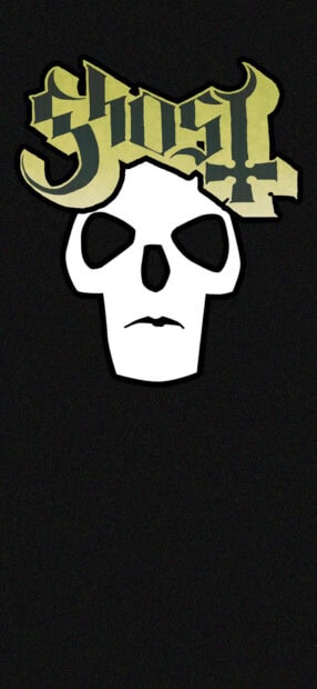 A white skull with black eyes and nose under the ghost band logo in gothic style letters