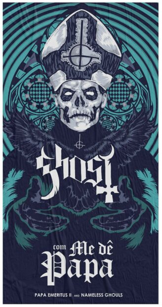Illustration of Ghost Band skull figure wearing ceremonial headgear on a dark background