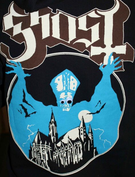 A graphic illustration of ghost band with a cathedral and lightning in the background