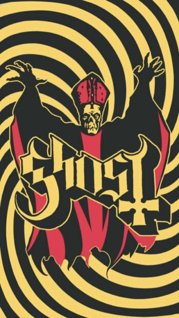 The ghost band figure with outstretched hands and swirling background represents the band Ghost