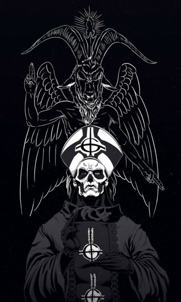A dark figure resembling a pope with skull face and a winged goat behind him with glowing eyes and long horns