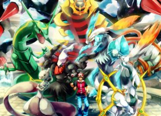 A trainer standing with legendary Giratina and other Pokemon in a vivid fantasy setting