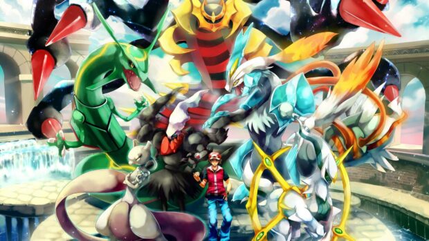 A trainer standing with legendary Giratina and other Pokemon in a vivid fantasy setting