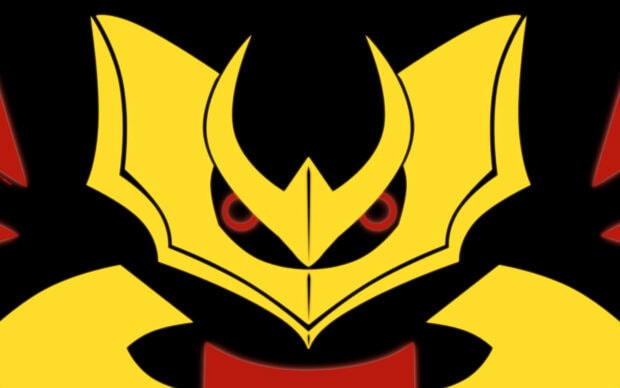 Abstract Giratina design with sharp yellow and red shapes on black background