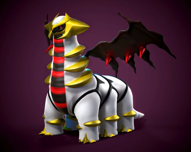 Giratina character shown with distinct gold and red markings on a dark purple background