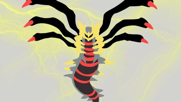 Giratina creature with black and red body and yellow claws floating with electric background