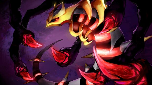 Giratina creature with glowing red claws in a dark purple environment