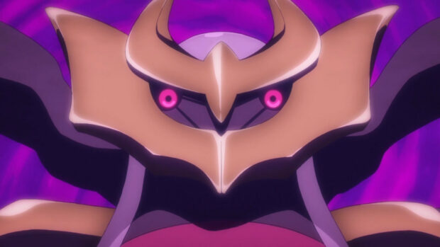 Giratina focusing with glowing eyes in a dark purple background