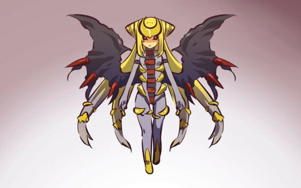 A humanoid character inspired by Giratina with dark wings and yellow armor details