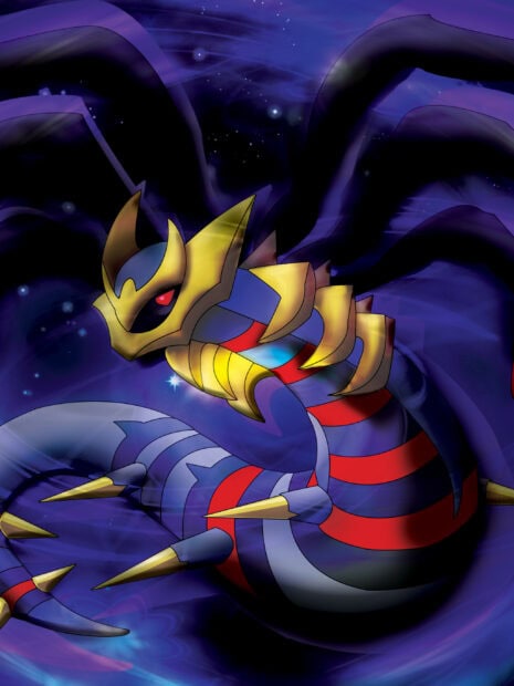 Giratina in its origin form with dark wings and golden spikes in a cosmic background