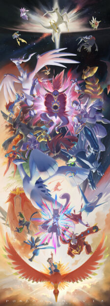 Legendary Giratina surrounded by various Pok&eacute;mon characters in an epic cosmic battle scene