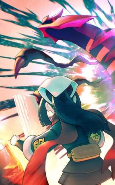 A trainer facing Giratina with vibrant energy and dynamic motion surrounding them