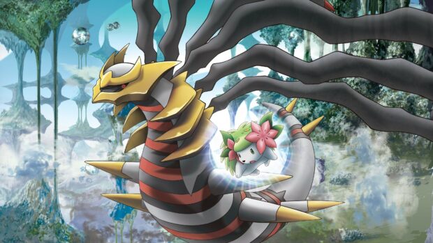Giratina surrounded by floating bubbles and a small flower themed creature in a mysterious fantasy landscape