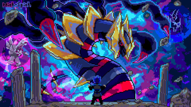 A pixel art scene featuring Giratina confronting a character in a cosmic battle arena