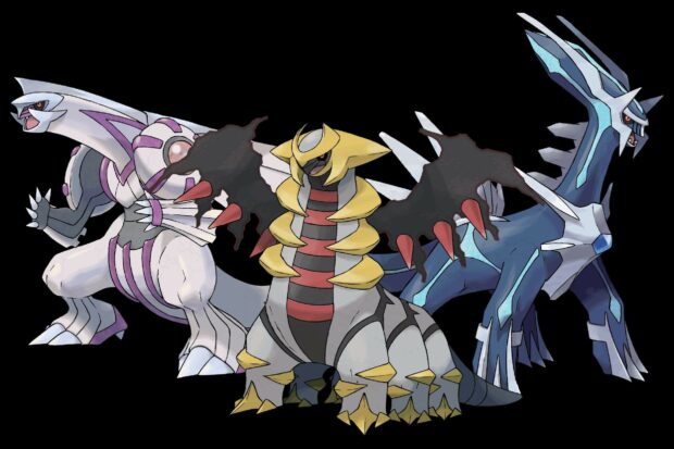 Giratina character in its Origin Forme standing between Palkia and Dialga in high detail