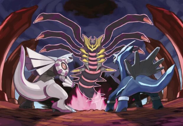 Giratina standing between Dialga and Palkia in a dramatic battle scene with glowing ground